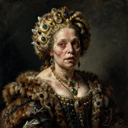 dutch golden age oil painting by christian rex van minnen portrait of an extremely bizarre disturbing mutated woman wearing fancy fur and jewels with intense chiaroscuro lighting perfect composition