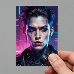 a man holding a card in his hand, a character portrait, synthwave by art artgerm, cg society contest winner, shock art, sci-fi, artstation hq, speedpainting