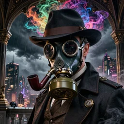 closeup portrait of a noir steampunk detective with pipe, gasmask monocle, cape, a dark storm closes in over the city, rain, mist, smoke, intricate colorful cosmic smoke magic, baroque gothic victorian interior cyberpunk city vista, 8 k, art by steve mccurry, artgerm, andreas rocha, hiroshi nagai