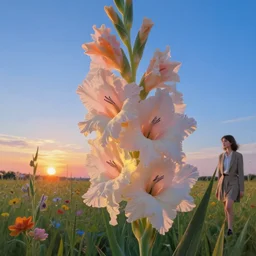 closeup, giant gladiola flower head, girl in suit walking in field of flowers, surreal photography, sunrise, blue sky, dramatic light, impressionist painting, digital painting, artstation, simon stalenhag