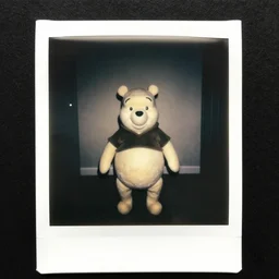 black and white polaroid photograph of [ [ glowing eyes ] ] [ [ winnie the pooh ] ] with standing creepily in the middle the room, creepy, dramatic lighting, 1 9 2 0