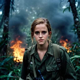 film still, close up, portrait, emma watson soldier hiking through dense vietnam jungle, napalm fires, thick black smoke, associated press, award winning, film still from apocalypse now ( 1 9 7 9 ), 2 6 mm, kodak ektachrome, blue tint ektachrome film,