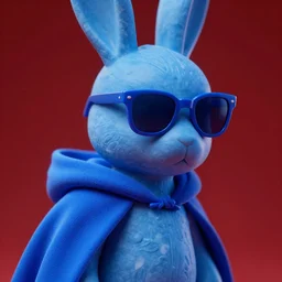 rabbit groot as marble statue with sunglasses, blue sunglasses, in red background, very blue cape, soft blue texture, blue realistic 3 d render, high blue lights, 4 k, high detailed photography, 5 0 mm lens, rich blue colors, smooth gradients, depth of field, cinematic, hyper realism, high detail, octane render, unreal engine, 8 k
