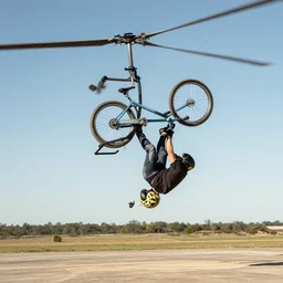 a person on a bicycle lifted by a helicopter, daredevil