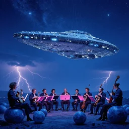 an alien starship with billions of tiny lights flying over blue marble statues of an entire orchestra with pink light and lightning on the horizon, by andreas achenbach and carl gustav carus and thomas cole and delphin enjolras, and dali, blue mood, blue light