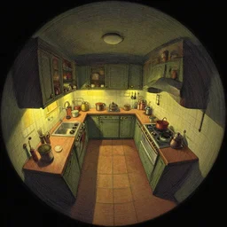 spiral lines, naive nerikomi, weird fisheye perspective, extra narrow, detailed illustration of a kitchen dimly lit by rhads from lorax movie, trending artstation, true color