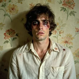 a beautiful but sinister man in layers of fear, with haunted eyes and wearing a linen shirt, 1 9 7 0 s, seventies, floral wallpaper, wilted flowers, a little blood, morning light showing injuries, delicate embellishments, painterly, offset printing technique, by brom, robert henri, walter popp