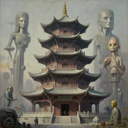 cinematic view of a retro scifi pagoda, desaturated, psychedelic, tim hildebrandt, wayne barlowe, bruce pennington, donato giancola, larry elmore, oil on canvas, masterpiece, trending on artstation, featured on pixiv, cinematic composition, dramatic, beautiful lighting, sharp, details, hyper - detailed, hd, hdr, 4 k, 8 k