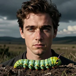colin farrell with caterpillars as eyebrows, realistic, surrealist, high contrast