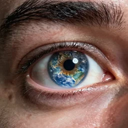 an extreme closeup of Weird Al's eye reflected in his eye is earth shrinking away, highly reflective, realistic reflections, realistic lighting, photo realistic, awe inspiring