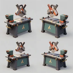 three different views of a timbersaw set for dota 2, concept art by senior character artist, trending on artstation, artstation hd, full body