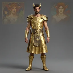 rami malek as an demon in a golden kilt, gray background, alphonse mucha, rhads, ross tran, artstation, artgerm, octane render, 1 6 k
