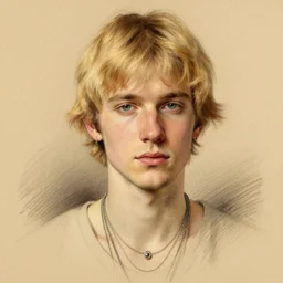 a man with soft features choppy blond hair and several necklaces. Drawn by Bouguereau and Geoffroy Thoorens. Trending on Artstation.