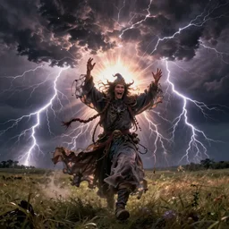 chaotic wizard gone mad with power creating thunderstorms in a field