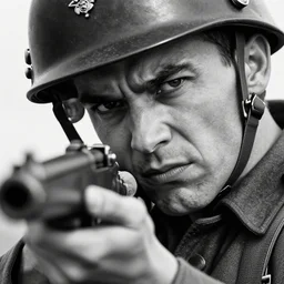 A soldier aiming a gun with a hateful face, world war 1, close-up, realistic face, beautiful face detail, mature facial features, black and white, amazing digital art, hyper detailed, artstation, in the style of Tony Sart
