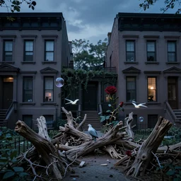 between two 1 9 th century brooklyn brownstone buildings, a surreal small twilight driftwood - sculpture garden, thorny rose - brambles, lambent bubble - birds, tiny mystery, tiny magic, serene overcast atmosphere, midnight - blue, cel - shading, cinematic, edge - to - edge print, rendered by studio ghibli, alyssa monks, andreas rocha, david kassan, neil ble