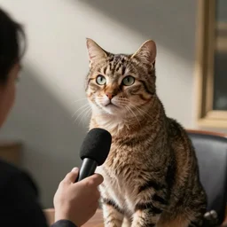 a polite cat giving an interview, photograph, photorealistic rendering, movie still