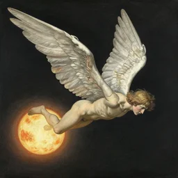 icarus went to close to the sun and now is falling into the void, his wings are made of flesh, he doesn't know how to land but he has nine lives, his face is similar to that of an angel, drawing by hans bellmer, insanely detailed
