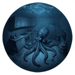dark palette, fisheye spiral lines, naive, extra narrow, detailed illustration of a kitchen, large floor, octopus shaped, trending artstation, dark blue underwater