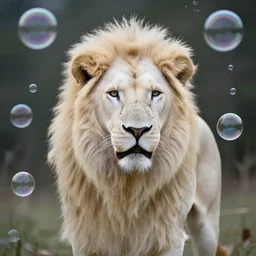 albino lion surrounded by bubbles