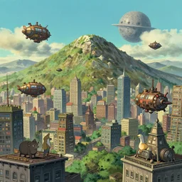A mountain surrounded by a metropolis by Craig Mullins, the city buildings are in a studio ghibli aesthetic, illustrative art of small steampunk airships flying around the city by Mattias Adolfsson, In the foreground are animal people on rooftops by Mattias Adolfsson, There is a deathstar in the distance in the horizion from deviantart