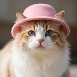 fluffy calico cat with a pink hat on, cinematic look, god lighting, 4 k majestic looking