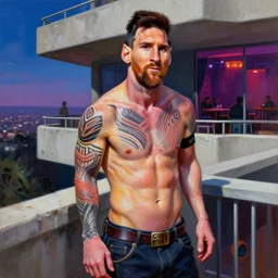 palette knife oil painting portrait of messi, an athletic middle - aged man in hipster outback wear and australian aboriginal body paint, concrete balcony, nightclub, artstation trending, artgerm, any racial background, deviant art, hipster, octane, substance, art history 8 k