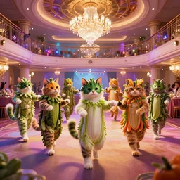 8 k uhd cinema 4 d, octane render of multiple cats dressed as vegetables with vegetables as masks, vegetables dressed as cats with fluffy tails, line dancing at a party, in the ballroom of a luxury cruise liner, beautiful chandeliers from the ceiling, ultra realistic, group photography, 1 0 5 mm lens, multi coloured volumetric lighting