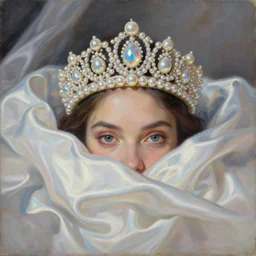 a beautiful painting of a singular pearl tiara, shining its iridescent pearlescence across a tumultuous luxury of iridescent satin luminescent folds, striking eyes directed gaze by greg rutkowski and thomas kinkade, trending on artstation.
