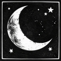 a black and white woodcut artwork of the moon and stars
