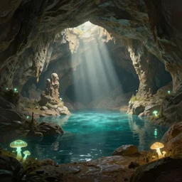 vast cave system lit by sunbeams. Underground lake. Stone formations. Glowing mushrooms. Digital matte painting