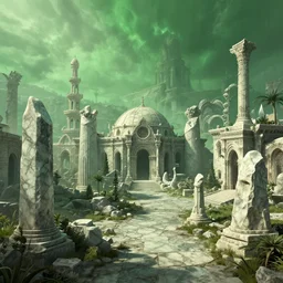 wide shot of a greek lovecraftian city, marble buildings, monoliths, green ambient light, trending artstation, 4 k