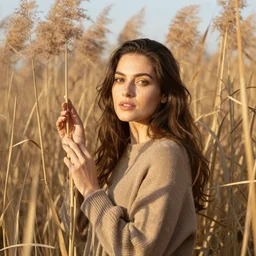 woman among reeds poses with sunlit dried caked bleached