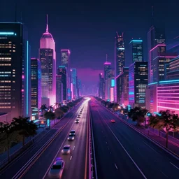synthwave landscape with a city, highway, neon lights