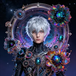 rei ayanami, deep space, seascape, grimes, lain iwakura, silver hair, masterpiece by shikinami asuka langley, technological rings, ernst haeckel, cosmos, psychedelic flowers, black opal, rainbow aura quartz, organic, oni compound artwork, of character, render, artstation, portrait, wizard, beeple, art, fantasy, epcot, psychedelic glitch