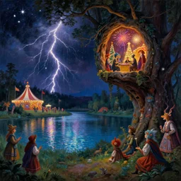 a night carnival around a magical in a summer storm, tree cavity with a music scenario with many fireworks and christmas lights, next to a lake with iridiscent lake water, volumetric lightning, folklore people disguised with fantastic creatures in a magical forest by summer night, masterpiece painted by evelyn de morgan, scene by dark night environment, refraction lights, five star stories