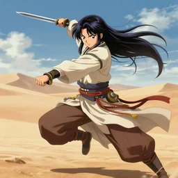 detailed anime illustration of a nomadic swordswoman, dynamic pose, desert background, key visual, official art