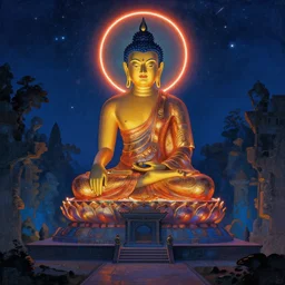 mausoleum, buddhism, neon light, painting by gaston bussiere, greg rutkowski