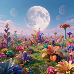 multi colored psychedelic plants growing and spreading beyond the land into the horizon, giant moons in the sky, beautiful environment, futuristic, trending on artstation, concept, 4k