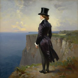 a woman costumed in top hat and silk tailcoat looking at the horizon from the top of a cliff, atmospheric depth, oil painting