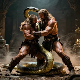 conan the barbarian wrestling a snake, dramtic lighting, award winning photograph, cinematic still