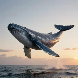 a huge blue whale is floating in mid air, epic, cinematic shot, golden hour, artstation, atmosphere, high definition
