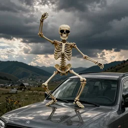 a skeleton in sunglasses dancing on the hood of a car, artistic photography, f stop, iso, very realistic