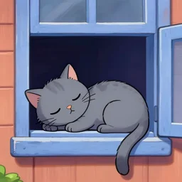 a grey cat snoozing in the window, day of the tentacle style