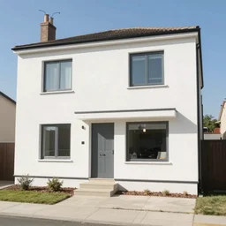 exterior of a Modern cottage with light white paint, three steps, photo