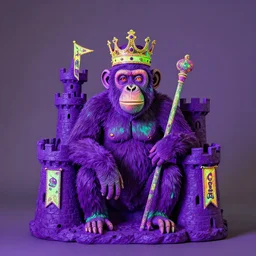 by fernand toussaint, by kim keever, by alex prager fluorescent purple colorful. a sculpture that features a chimpanzee surrounded by a castle turret. the chimp is shown wearing a crown & holding a scepter, & the castle is adorned with banners.