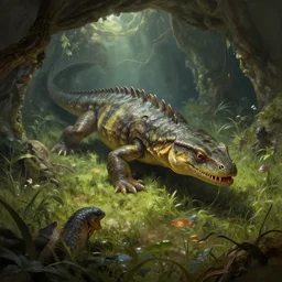 carnivorous aquatic reptile in a large meadows cavern boss battle fantasy artwork epic detailed and intricate digital painting trending on artstation by wlop octane render