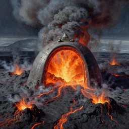 intergalactic stargate portal in the middle of a volcanic eruption, with lava and ash all around it by thomas kinkaid