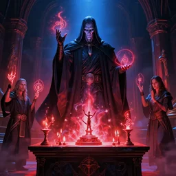 sidious doing a sith ritual, magic, alchemy, incantations, red, blue lighting, altar, greg rutkowski, jeremy mann, magalie villeneuve