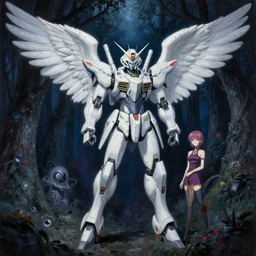 a highly detailed painting of an angelic mecha posing in a dark mystical forest shrouded in nebula magic by android jones, moebius, darling in the franxx, 4 k, 8 k, detailed line art, sharp, oil on canvas